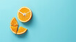 Tasty fresh orange creative idea layout slice alarm clock on pastel blue background minimal idea business concept