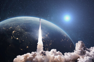 Aufkleber - Rocket lift off. Space shuttle with smoke and blast takes off into space on a background of blue planet earth with amazing sunset. Successful start of a space mission. Travel to Mars