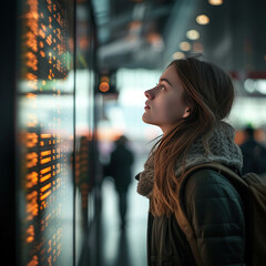 Airport Terminal, a traveling woman looking at the arrival and departure information display looking for her flight at the international airport.