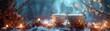 Two steaming cups amidst glowing lights and frost, creating a warm, magical winter atmosphere