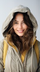 Wall Mural - Smiling young woman in a beige jacket with a yellow backpack