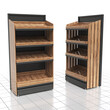 Retail racks mockup with wooden shelves. 3d illustration set