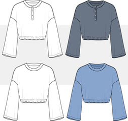 women round henley neck with bell sleeves sweatshirts set technical drawing flat sketch vector fashion illustration. 