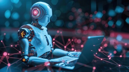 Aufkleber - Illustration of robot humanoid using laptop, representing global AI network