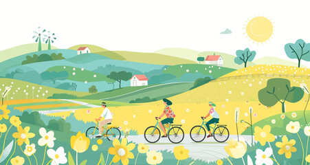 Wall Mural - a painting of people riding bicycles in a field