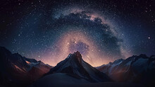 Milky Way Glows Above Mountain Peak At Dusk, AI Generative.