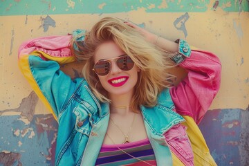 Wall Mural - An authentic portrayal of a young blond woman exuding happiness in 80s attire, confidently posing akin to a supermodel