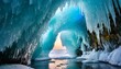 Crystalline ice cave in blue color. Soft glow. View from inside.
