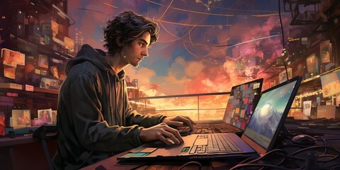 Poster - A man is sitting at a desk with a laptop in front of him