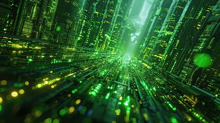 Poster - Green technology-themed image of a virtual server network, organic data structure design resembling a digital forest, energy-efficient concept, natural green and earth tones, eco-tech background