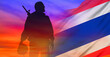 Soldier and National flag on sky background. Thailand holiday concept. 3d illustration