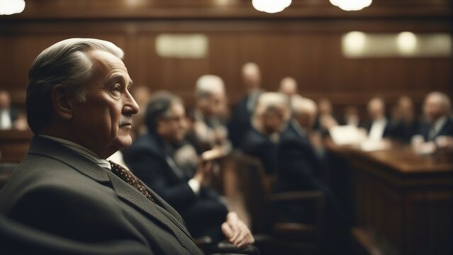Generative AI. Senior lawyer. old man sitting in a courtroom. lawyer portrait, 1950 London, courtroom, people in bokeh, blurred background. Vintage look