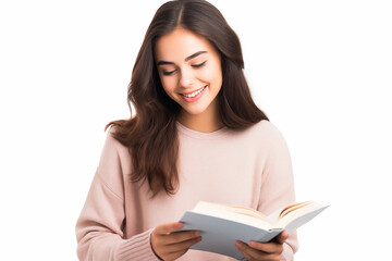 Young pretty brunette girl over isolated white background holding a book