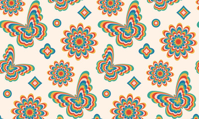 Poster - Abstract psychedelic tie dye seamless pattern.  Abstract naive retro hippie 60s 70s style background with butterflies, flowers, sparkles, seeds, circles , organic doodle shapes.