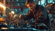 A mechanic repairing a car engine in an auto repair shop.
