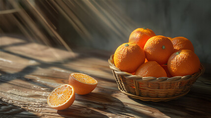 Wall Mural - oranges fruit with leaves in basket in the park at morning  