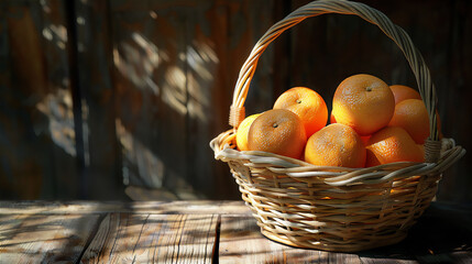 Wall Mural - oranges fruit with leaves in basket in the park at morning  