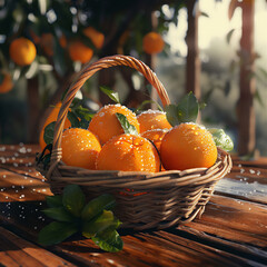 Wall Mural - fresh oranges fruit with leaves in basket in the park