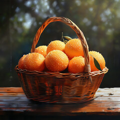 Wall Mural - fresh oranges fruit in basket in the park at morning  