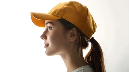 Poster - Side profile of a young woman in a yellow cap looking upward. Ideal for lifestyle and fashion concepts. Simple and clean aesthetic. Studio portrait with a modern vibe. AI