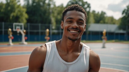 Poster - Young handsome male black african athlete on white jersey uniform portrait image on basketball court gym background smiling looking at camera from Generative AI