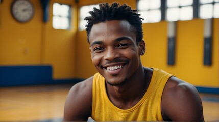 Wall Mural - Young handsome male black african athlete on yellow jersey uniform portrait image on basketball court gym background smiling looking at camera from Generative AI