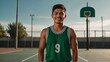 Young handsome male mexican hispanic athlete on green jersey uniform portrait image on basketball court gym background smiling looking at camera from Generative AI