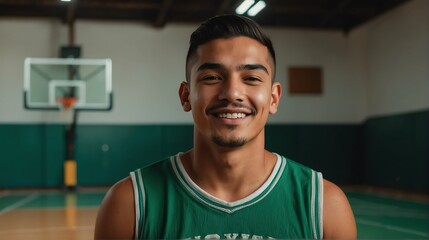 Poster - Young handsome male mexican hispanic athlete on green jersey uniform portrait image on basketball court gym background smiling looking at camera from Generative AI