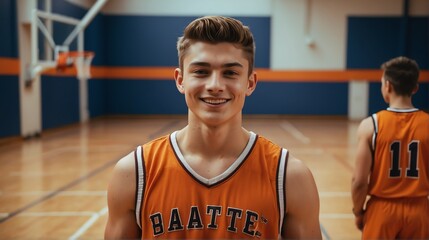 Poster - Young handsome male senior high athlete on orange jersey uniform portrait image on basketball court gym background smiling looking at camera from Generative AI