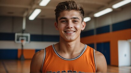 Poster - Young handsome male senior high athlete on orange jersey uniform portrait image on basketball court gym background smiling looking at camera from Generative AI