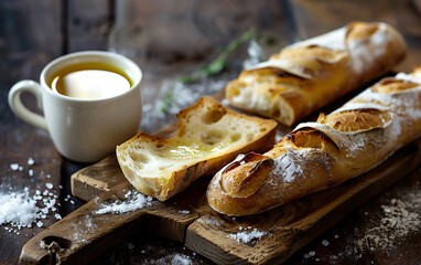 Spanish breakfast with coffee and a tostada, toast bread with olive oil and salt. Natural morning lighting