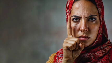 Wall Mural - Angry Arab Woman Making A Disapproving Gesture With Her Finger. Conveying a Sense of Disagreement or Refusal