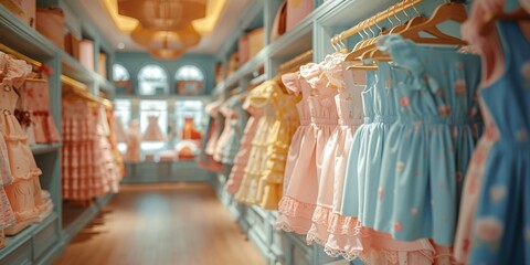 Wall Mural - Fashionable children's clothing store with colorful displays of modern clothes on racks.