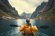 woman kayaking while looking at mountains in the style  b8abb145-e28e-4a22-8ab7-847722ceee71