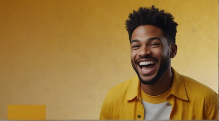 young american man on plain bright yellow background laughing hysterically looking at camera background banner template ad marketing concept from Generative AI