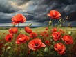 A painterly scene of poppies and wild grasses against the backdrop of a stormy sky, with vivid reds and greens contrasting dramatically with dark clouds, generative AI
