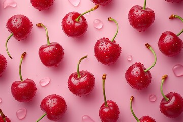 Wall Mural - Fresh ripe cherries with water drops on pink background, top view, summer fruits concept