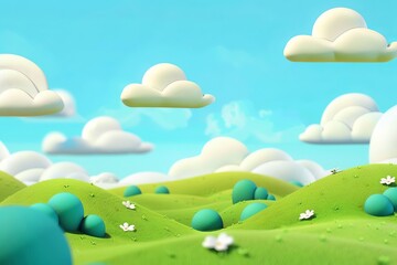 3d realistic cartoon green hills with white clouds on blue sky background. Summer landscape environment. Minimal nature cute composition.