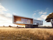exterior of design single story modern house is contemporary in meadow. Generative AI.
