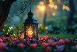 Fototapeta Przestrzenne - ramadan kareem background card design, islamic greeting banner of eid al fitr, eid al qurban, eid al adha, with lantern, islamic ornament,
