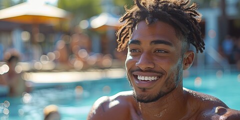 Wall Mural - A cheerful, fit black man enjoys summer by the pool, exuding happiness and health.