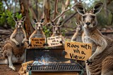 Fototapeta  - group of rowdy kangaroos gathered around a barbecue grill, each holding a sign that says 