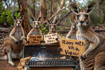 Canvas Print - group of rowdy kangaroos gathered around a barbecue grill, each holding a sign that says 