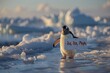 curious penguin waddling across an icy landscape, holding a sign that says 