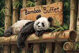 Fototapeta  - laid-back panda reclining against a bamboo backdrop, its sign reading 