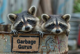 Fototapeta  - pair of mischievous raccoons peeking out from a trash can, their signs reading 