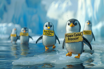 Canvas Print - group of penguins waddling across the icy tundra, each carrying a sign with a single word: 