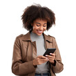 Happy African American woman using cell phone isolated on transparent or white background