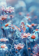 Beautiful spring background with butterfly, wild flowers, daisies and blue grass on meadow. Beautiful nature scene with space, Generative AI