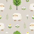 Seamless pattern with cute sheep and flowers for your fabric, children textile, apparel, nursery decoration, gift wrap paper, baby's shirt. Vector illustration